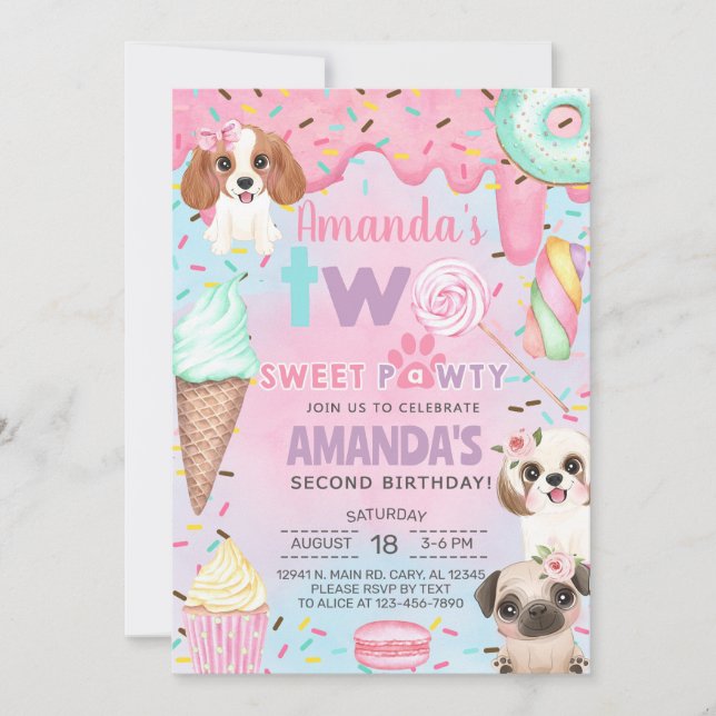 Invitación Cumpleaños segunda, 2da niña de Perritos Fiesta de (Anverso)