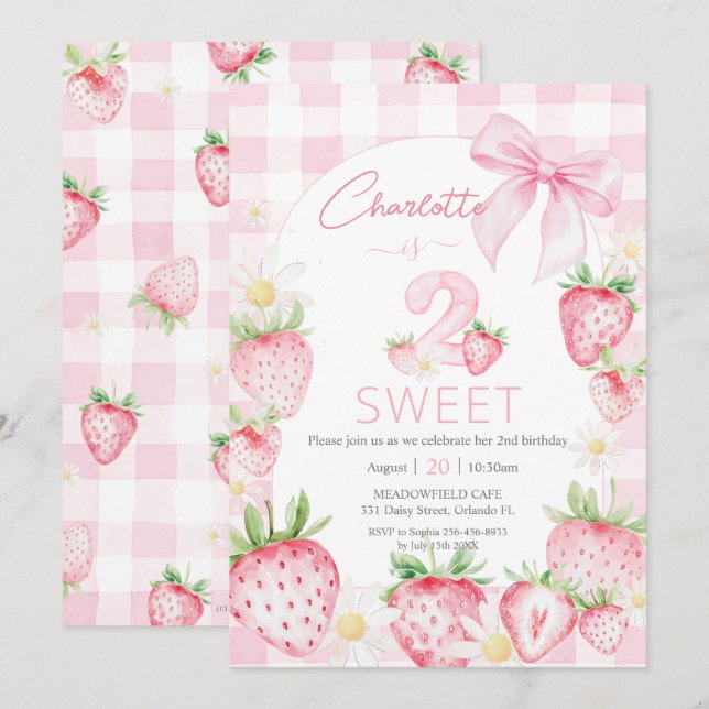 Invitación Cumpleaños Segundo 2do Fresas Rosadas Lindas (Anverso / Reverso)