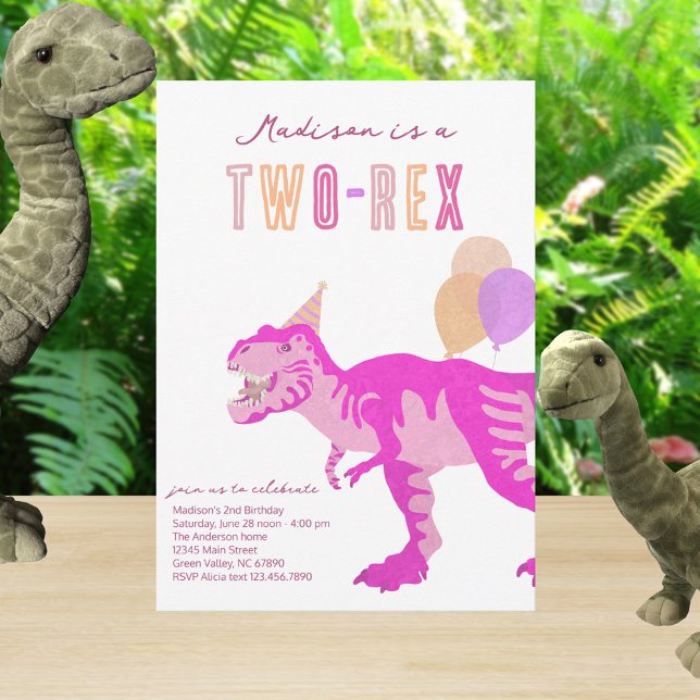 Invitación Cumpleaños Segundo 2do T-Rex Rosa Dos-Rex Dino (Cute pink dinosaur Two Rex birthday party invitations)