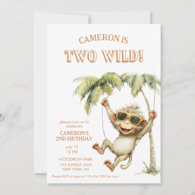 Invitación Cumpleaños segundo de dos monos salvajes (Anverso)