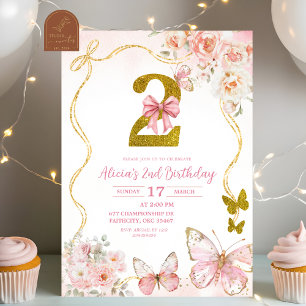 Invitación Cumpleaños Segundo de Mariposa Rosa Coquette con L