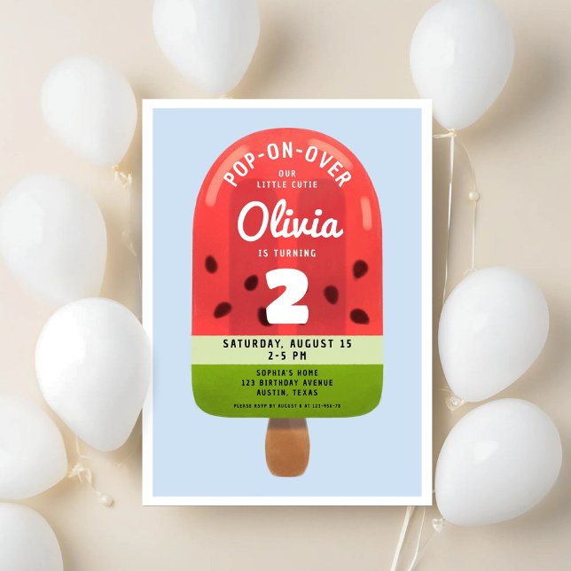Invitación Cumpleaños segundo de niña de paleta de melón lind (Cute Melon Popsicle Girl Second Birthday Invitation)