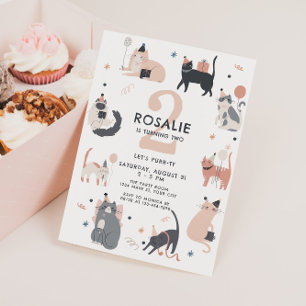 Invitación Cumpleaños Segundo de Niñas Gato Rosa 