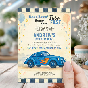 Invitación Cumpleaños Segundo del Coche de Carreras Azul