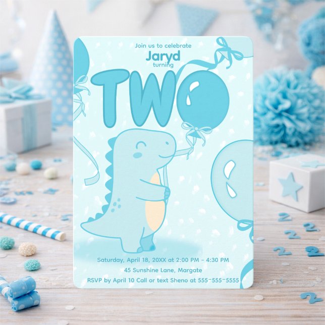 Invitación Cumpleaños Segundo del Dinosaurio Azul (This cute blue dinosaur is ready to party. Perfect for your little one’s second birthday bash.)