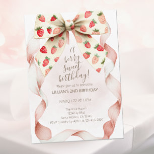 Invitación Cumpleaños Segundo Fresa Arco Bayas Dulces