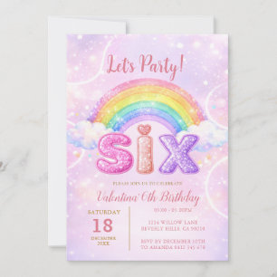Invitación Cumpleaños seis fiesta arcoíris rosa purpura brill