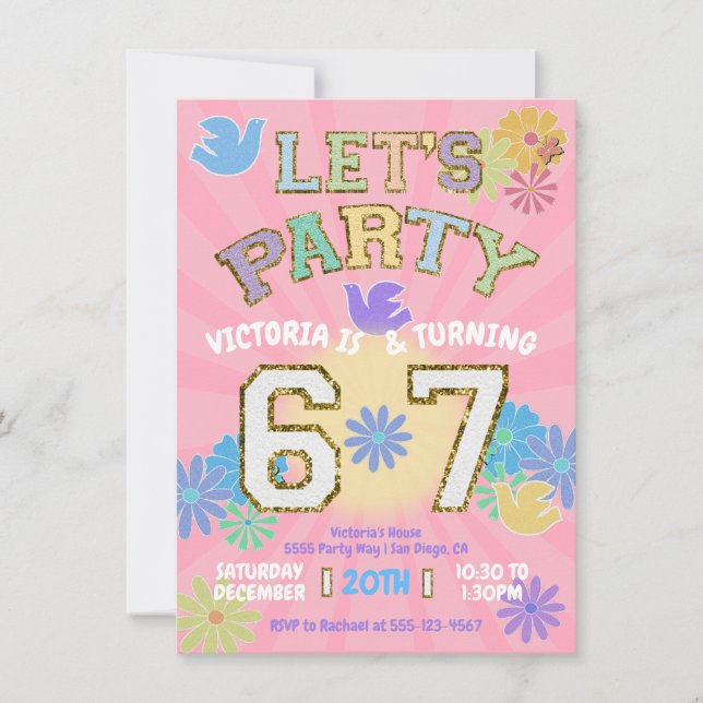 Invitación Cumpleaños Seis Siete Fiesta Retro Preppy Hippie (Anverso)