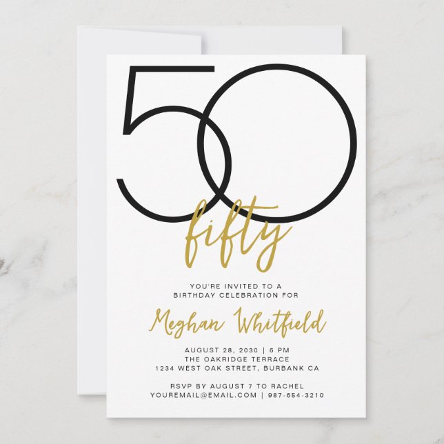 Invitación Cumpleaños sencillo de oro quincuagésimo script Fi (Anverso)