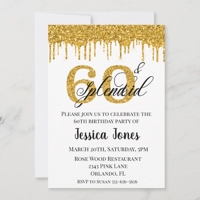 Invitación Cumpleaños Sesenta 60 Brillante Glitter Dorado (Anverso)