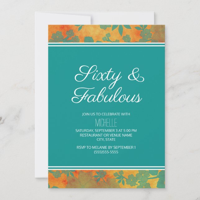 Invitación Cumpleaños Sesenta Floral Naranja Verde (Anverso)