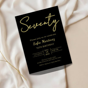 Invitación Cumpleaños setenta 70 elegante negro y dorado