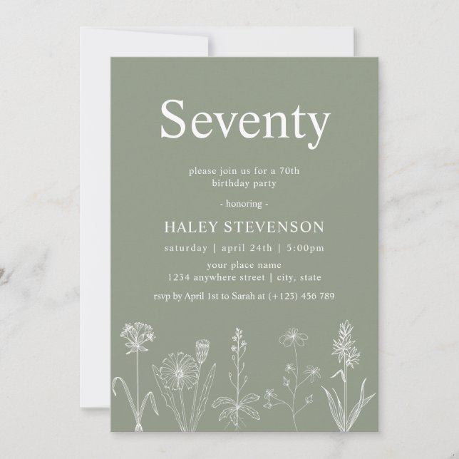 Invitación Cumpleaños setenta floral de flores silvestres ver (Anverso)