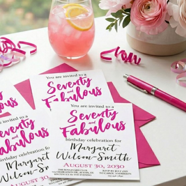 Invitación Cumpleaños setenta y fabuloso con letra rosa (Subido por el creador)
