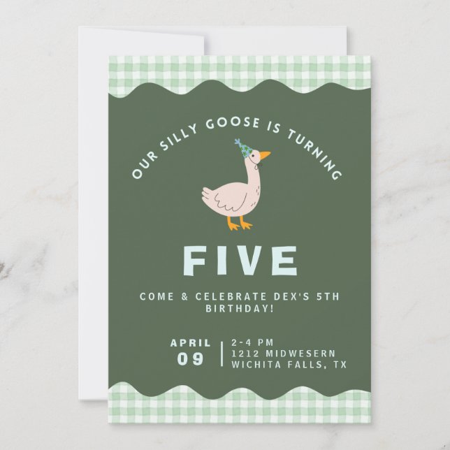 Invitación Cumpleaños Silly Goose de Gingham Verde (Anverso)
