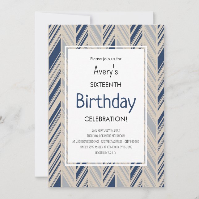 Invitación Cumpleaños Simple Chevron Azul (Anverso)
