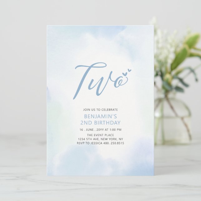Invitación Cumpleaños Simple Corazón Azul Niño 2do (Anverso de pie)