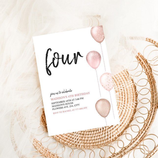 Invitación Cumpleaños simple de 4 años con globos rosados par (Subido por el creador)