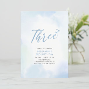 Invitación Cumpleaños Simple de Corazones Azules Tres 3er Niñ