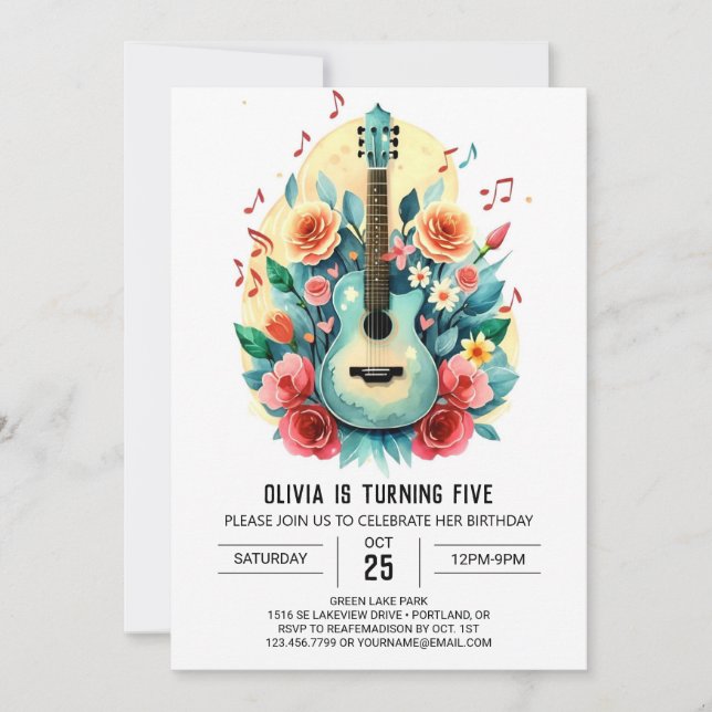Invitación Cumpleaños simple de la guitarra Personalizable (Anverso)