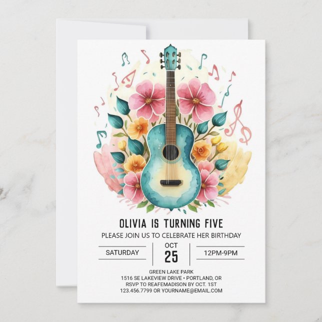 Invitación Cumpleaños simple de la guitarra Personalizado (Anverso)