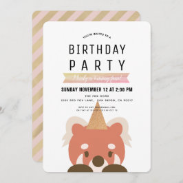 Invitación Cumpleaños Simple de Niña Rosa Pandas Rojos