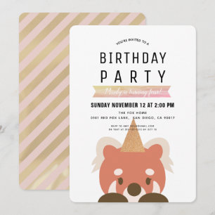 Invitación Cumpleaños Simple de Niña Rosa Pandas Rojos