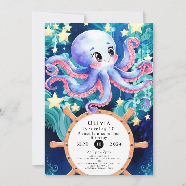 Invitación Cumpleaños simple del Boho Octopus (Anverso)