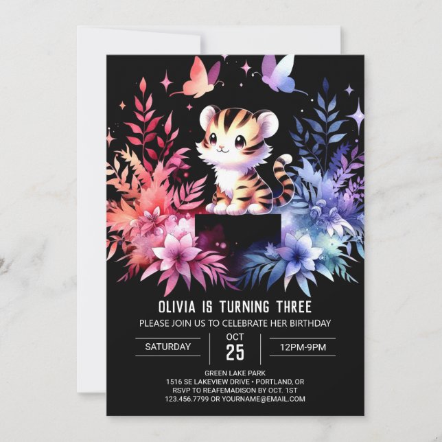 Invitación Cumpleaños simple del tigre Pastel (Anverso)
