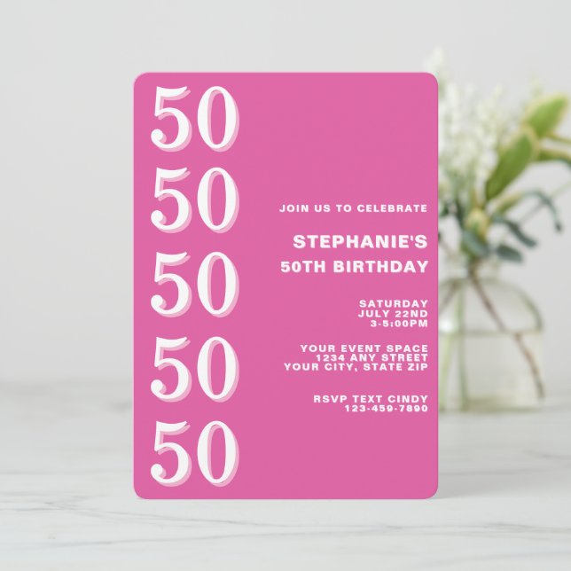 Invitación Cumpleaños Simple Moderno Rosa Hito 50 (Anverso de pie)