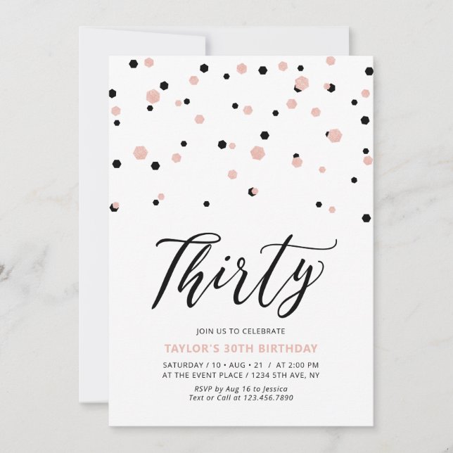 Invitación Cumpleaños Simple Rosa Negra Dorado Treinta 30 (Anverso)