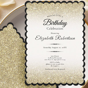 Invitación Cumpleaños sin edad Elegante Negro y Dorado Brilla
