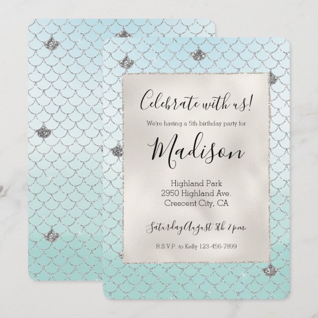 Invitación Cumpleaños Sirena Brillo Plata Azul Menta (Anverso / Reverso)