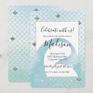 Invitación Cumpleaños Sirena Brillo Plateado Ombre Azul Menta