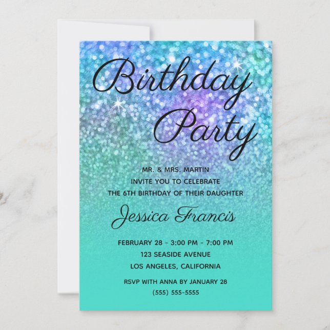 Invitación Cumpleaños Sirena Brillo Turquesa Azul Ombre (Anverso)