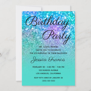 Invitación Cumpleaños Sirena Brillo Turquesa Azul Ombre