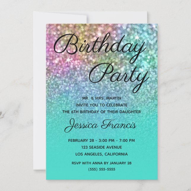 Invitación Cumpleaños Sirena Brillo Turquesa Ombre (Anverso)