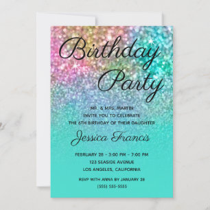 Invitación Cumpleaños Sirena Brillo Turquesa Ombre