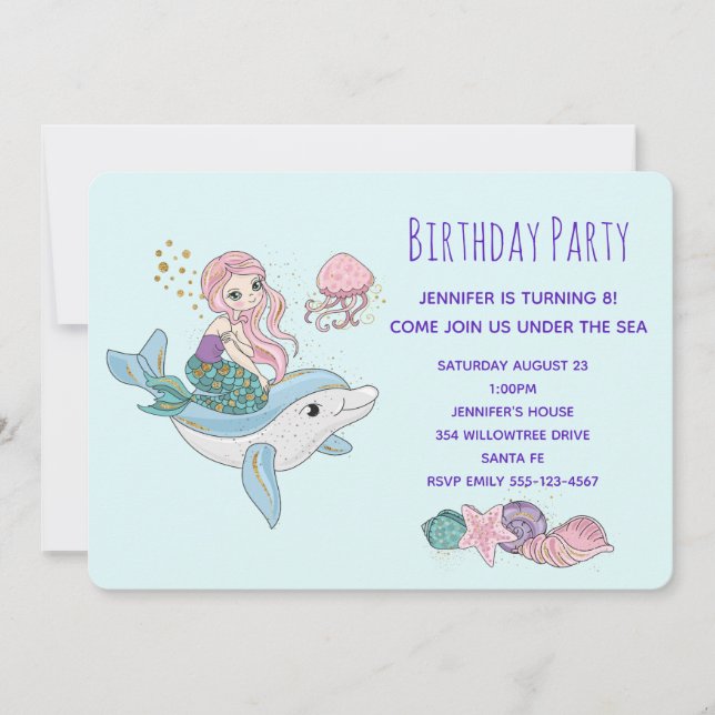Invitación Cumpleaños Sirena Cabalgando un Delfín Bajo el Mar (Anverso)