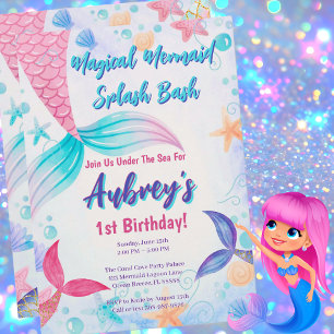 Invitación Cumpleaños Sirena Dulce Rosa Purpura Turquesa Acua