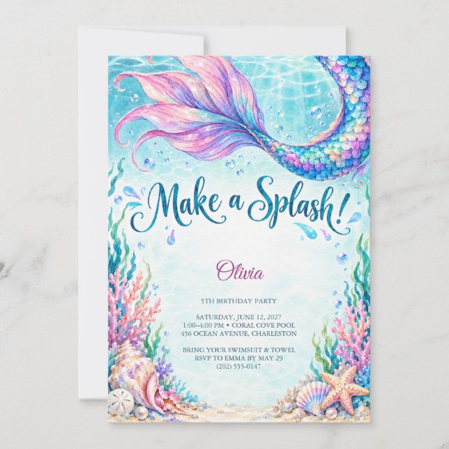 Invitación Cumpleaños Sirena Marea Turquesa (Anverso)