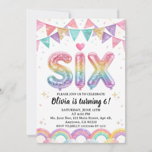Invitación Cumpleaños SIX Brillante Arcoíris de lentejuelas p