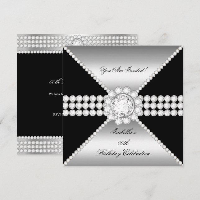 Invitación Cumpleaños Sofisticado Diamante Negro Plateado (Anverso / Reverso)