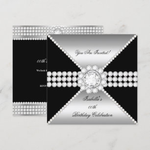Invitación Cumpleaños Sofisticado Diamante Negro Plateado