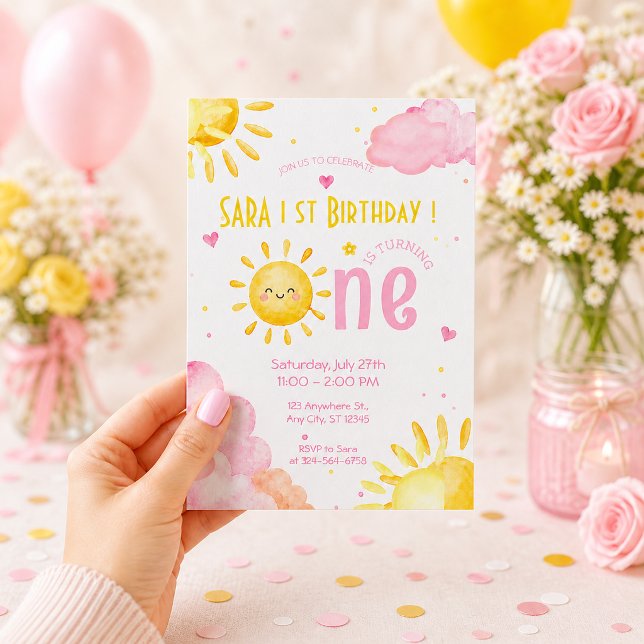 Invitación Cumpleaños Soleado Primer Cumpleaños Pastel Niña B (Subido por el creador)