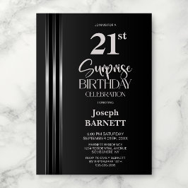 Invitación Cumpleaños Sorpresa 21 Gris Negro Rayado de Plata