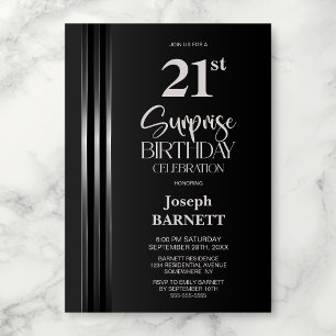 Invitación Cumpleaños Sorpresa 21 Gris Negro Rayado de Plata