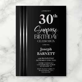 Invitación Cumpleaños Sorpresa 30 Negro Gris Rayas Plateadas