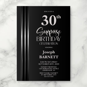 Invitación Cumpleaños Sorpresa 30 Negro Gris Rayas Plateadas