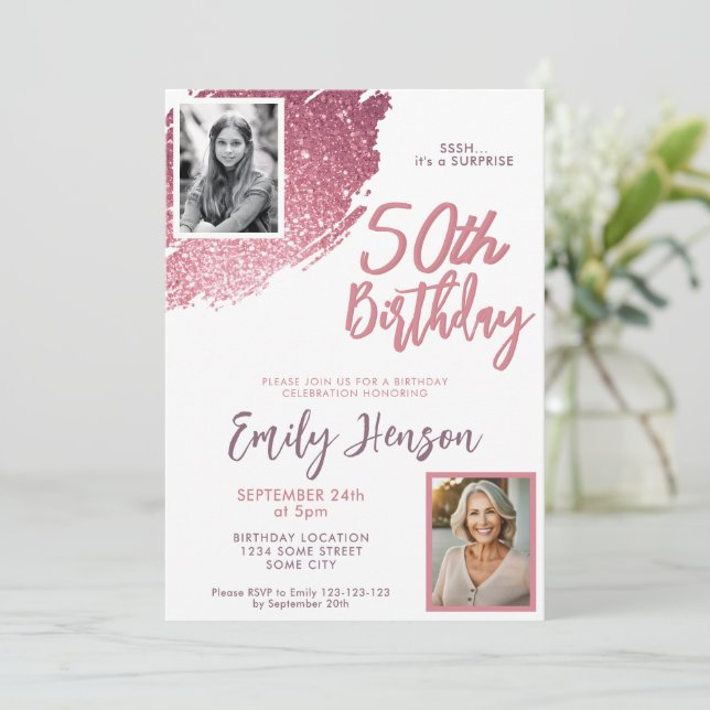 Invitación Cumpleaños Sorpresa 50 con Brillo Rosa 2 Fotos (Anverso de pie)